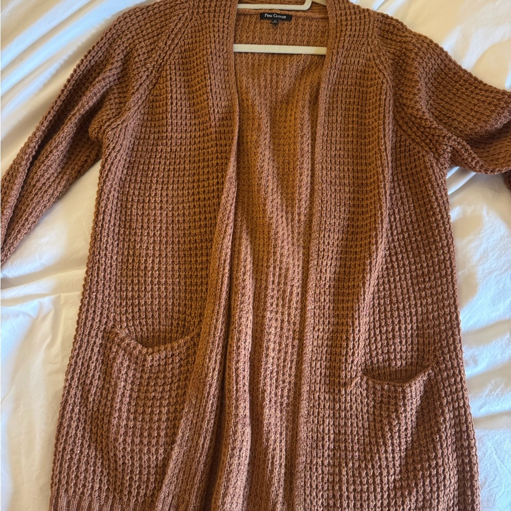 Pink Clover Tan Open-Front Cardigan